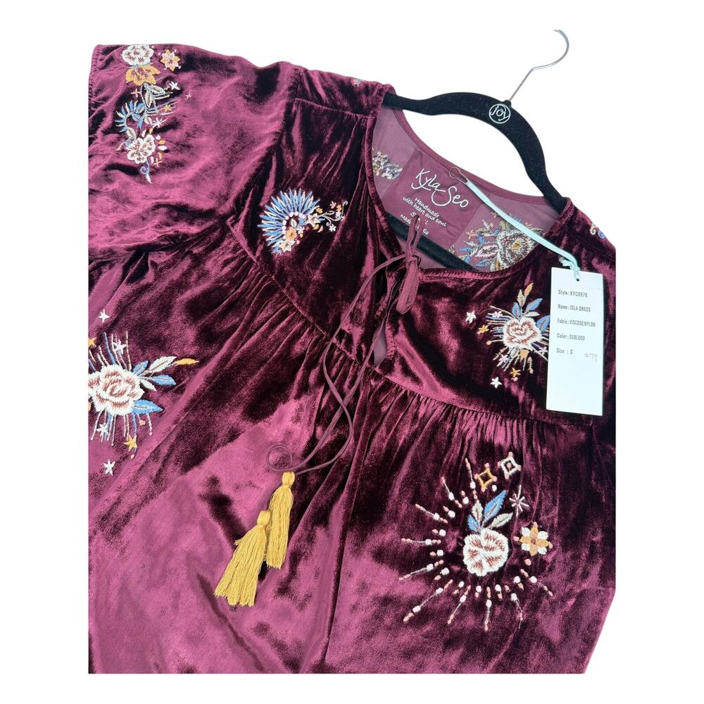 Kyla Seo Isla Embroidered Dress Oxblood Burgundy Boho Festival  Velvet NWT S